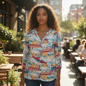 Chico’s Vibrant Multi-Colored 3/4 Sleeve Women's Size M Buttoned Blouse